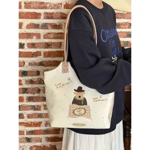 Korean Style Cartoon Polka Dot Canvas Tote Bag Large Capacity Commuting Puppy Shoulder Bag Versatile Handbag