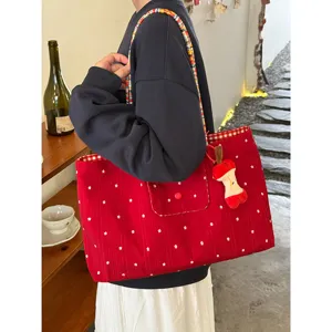 Korean style red floral canvas tote bag, chic woven shoulder bag with apple pendant.