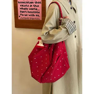 Elegante bolso tote de lona roja con flores estilo coreano, gran capacidad para mujeres.