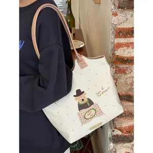 Korean style cartoon polka dot canvas tote bag, large capacity commuting puppy shoulder bag.