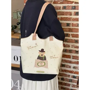 Korean style cartoon polka dot canvas tote bag, large capacity casual shoulder bag.