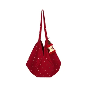 Bolso tote de lona con flores rojas estilo coreano, bolso de hombro de gran capacidad.