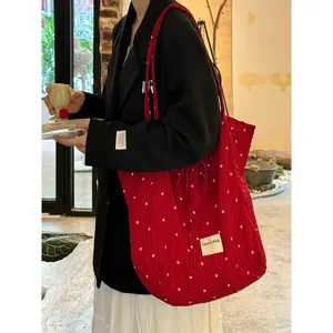 Korean vintage red floral shoulder bag, elegant chiffon tote handbag for women daily versatile.