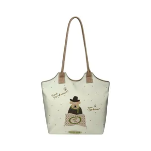 Korean style cute puppy polka dot tote bag, large capacity canvas shoulder bag for women.