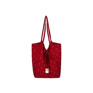 Korean retro red floral tote bag chic chiffon shoulder handbag stylish casual daily ladies purse