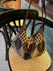 Korean retro patchwork plaid canvas shoulder bag lazy style large capacity tote commuter bag