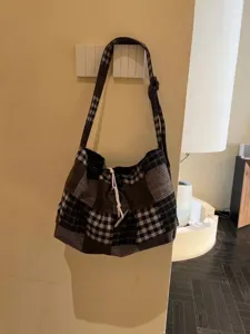 Vintage retro plaid canvas shoulder bag women casual patchwork tote large capacity crossbody