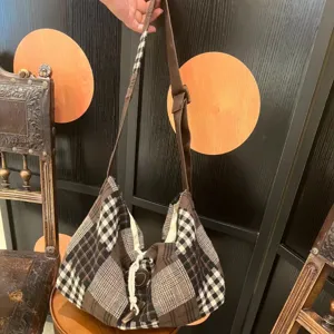 Korean vintage patchwork plaid canvas shoulder bag large capacity casual crossbody bag