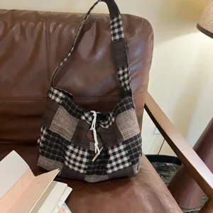 Korean retro colorblock patchwork plaid canvas shoulder bag large capacity commuter tote handbag