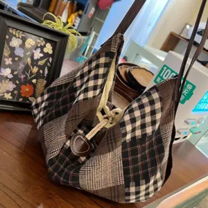 Korean retro color block plaid canvas bag women lazy style large capacity tote commute shoulder bag