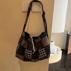 Korean retro patchwork plaid canvas shoulder bag casual large capacity tote bag commuter