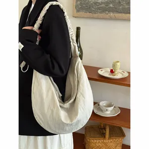 Korean style pleated drawstring cloud bag, large capacity slouchy shoulder messenger bag for women.