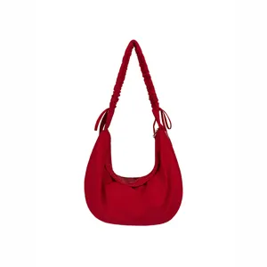 Korean style red ruched cloud bag, large capacity slouchy shoulder bag for women daily commuting.