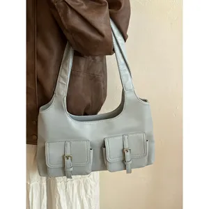 Korean casual multi-pocket shoulder bag women's fashionable leather underarm tote bag