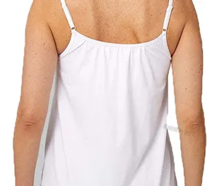 Detail view of the back and strap design of a comfortable white modal stretch camisole.