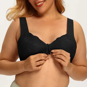 Reggiseno nero in pizzo taglie forti con chiusura frontale, intimo comodo senza ferretto.