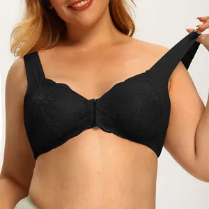 Reggiseno in pizzo taglie forti con chiusura frontale e design senza ferretto comodo.