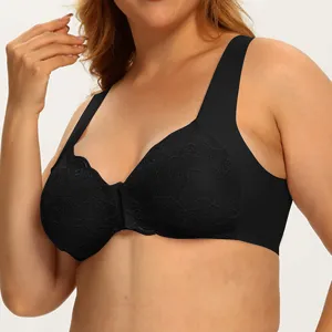 Reggiseno in pizzo senza ferretto taglie forti da donna, comodo capo intimo nero senza cuciture.