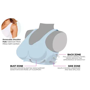 Vista dettagliata del reggiseno comfort con zone di supporto e imbottiture rimovibili.