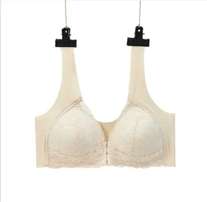 Front closure lace bra detail shot showcasing the delicate floral lace cups and comfortable straps.