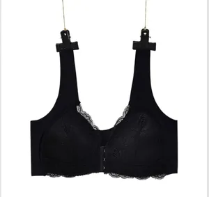 Detailed view of the black front closure lace bra featuring elegant floral design and straps.