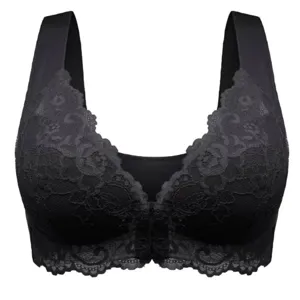 Black lace wireless bra featuring wide straps and front closure, comfortable daily innerwear.