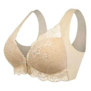 Women's Plus Size Lace Bra Wireless Front Closure Vest Style Brassiere Comfortable Breathable Full Cup Thin Molded Cup Intimates