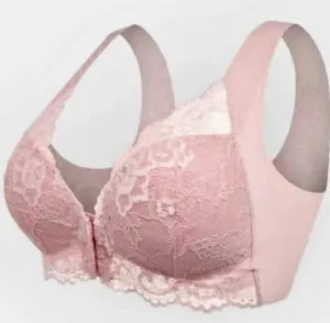 Detailed view of pink lace front closure bra, showing fine texture and wide back strap.