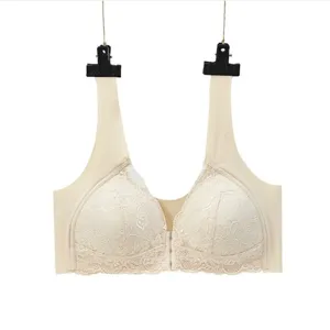 Front closure wireless plus size lace bra, seamless comfort everyday underwear for women.