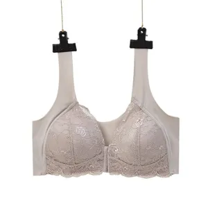 Front closure wireless lace bra for women, seamless plus size push up undergarment.