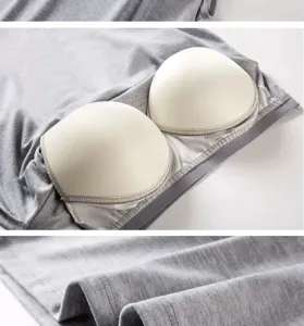 Detail de debardeur modal gris coussinet integre texture de tissu et structure des bonnets.