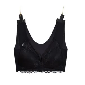 Reggiseno a gilet in pizzo nero da donna, comodo top bralette push-up senza ferretto.