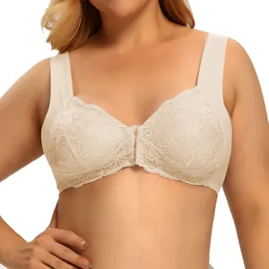 Reggiseno in pizzo taglie forti senza ferretto con chiusura frontale, vista dettagliata.