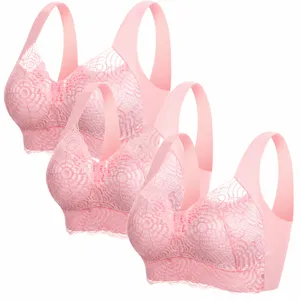 Wireless Lace Push Up Bra 3Pack Plus Size Comfortable Underwear for Women Solid Color