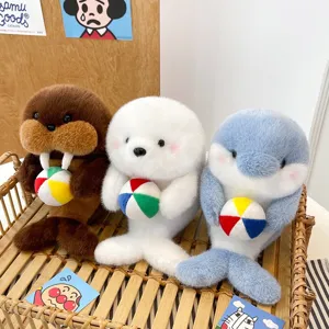 Cute marine animal plush toy walrus seal dolphin doll holding colorful balls soft stuffed gift