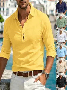 Men's long sleeve linen casual polo shirt with buttons, breathable solid color autumn top.
