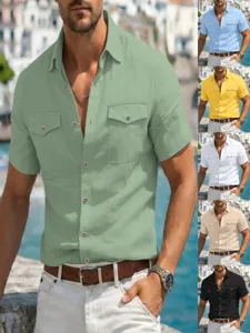 Men short sleeve linen shirt casual summer lapel button down top with double pockets