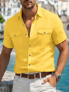 Men's Short Sleeve Linen Shirt Casual Summer Beach Button Down Workwear Solid Color Yellow Top