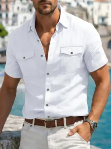 Men's casual linen short-sleeve shirt with double utility pockets and lapel collar for summer.