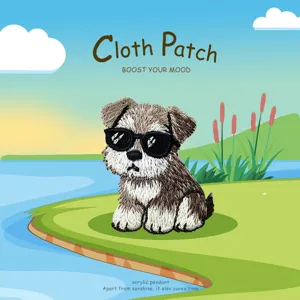 Cartoon dog embroidery cloth patch with sunglasses for DIY clothing and hat decoration.