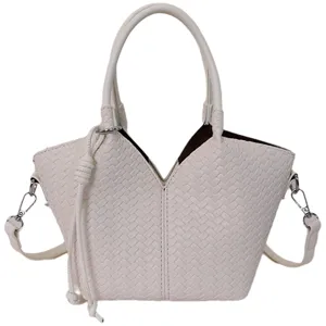 Stylish white woven leather bucket handbag with top handle and casual shoulder strap for women.