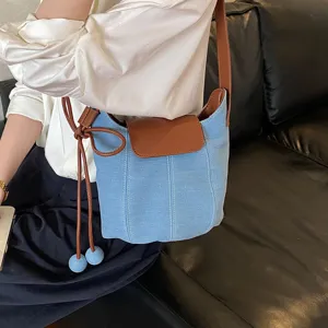 Women denim bucket bag crossbody shoulder bag blue canvas brown contrast color casual handbag