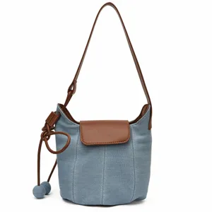 Denim casual bucket bag women stylish shoulder crossbody bag chic contrast color new