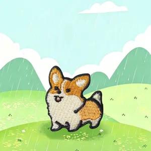 Cute corgi embroidered patch detail shot, fine stitching, perfect for DIY clothing decor.