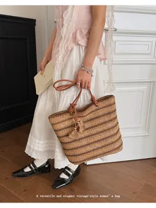 Women summer straw tote bag large capacity casual shoulder woven handbag for beach vacation travel