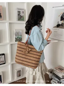 Women straw woven tote bag summer casual large capacity single shoulder beach commute handbag