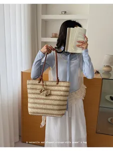 Casual summer straw tote bag for women, large capacity woven shoulder bag for beach and daily.