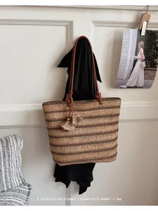 Women's straw woven tote bag summer beach casual shoulder bag large capacity vintage handbag