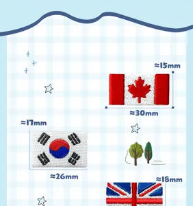 Embroidered flag patches detail view, showing size measurements and various country designs.