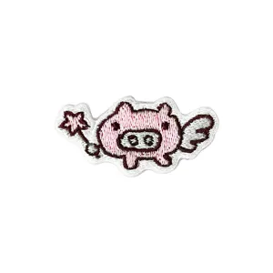 Cute pink angel pig embroidered patch with magic wand, perfect for DIY clothing and jacket decor.